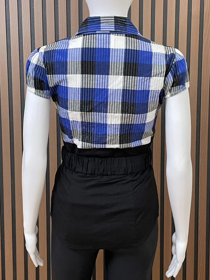 Camisa Heart Soul Para Mujer S Azul Y2k Babydoll Cinturón Vintage Cuadros Botón Top Cuello en V Foto 3 de 4