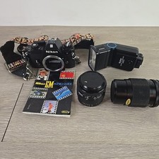 Nikon EM 35mm SLR Film Camera AF 35-70mm f3.3-4.5 Vivitar Flash Bonus 135mm lens
