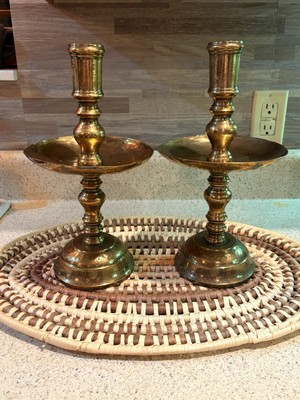 Pair of Etched Brass Alter Candlesticks, 11  Tall, Made in Siam (Pre-Thailand)
