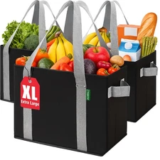 Reusable Grocery Bags (3 Pack) - Heavy Duty Eco Tote Bags with Box Shape to S...