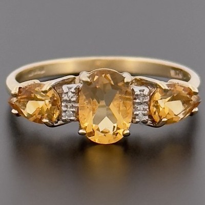 Cluster-Ring 9 kt Gelbgold Citrin & Dimond drei Steine Größe P gepunzt