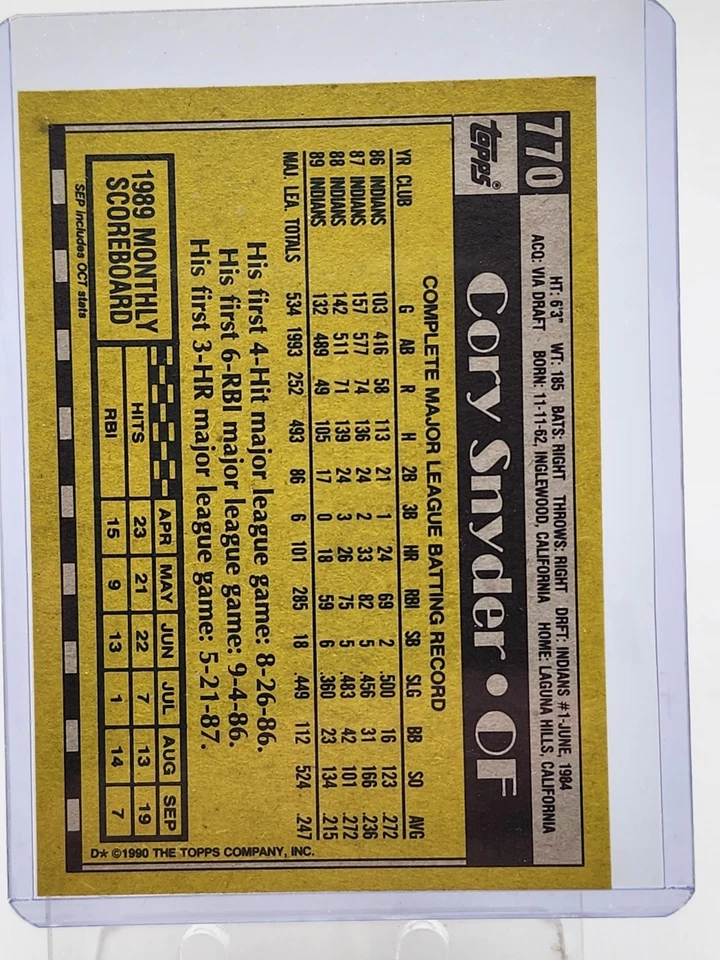 1990 Topps - Cory Snyder #770 Cleveland Indians OF - Image 2 of 2