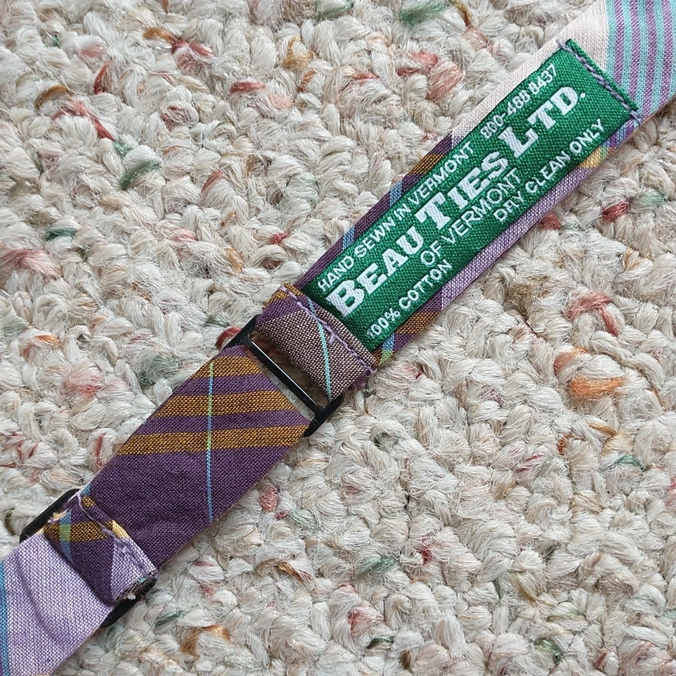 Beau Ties Ltd of Vermont Bow Tie Hand Sewn Purple Yellow Plaid Cotton Adjustable - Image 4 of 4