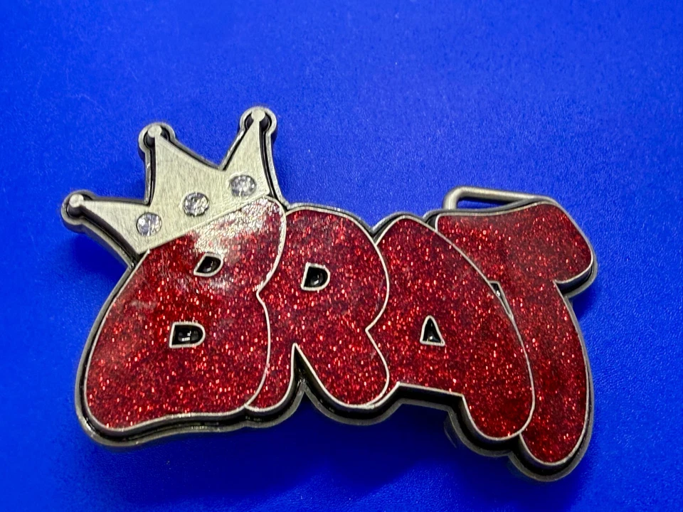 BRAT Crown Red Glitter Rhinestone Bling Statement Pewter Siskiyou Belt Buckle - Image 3 of 4