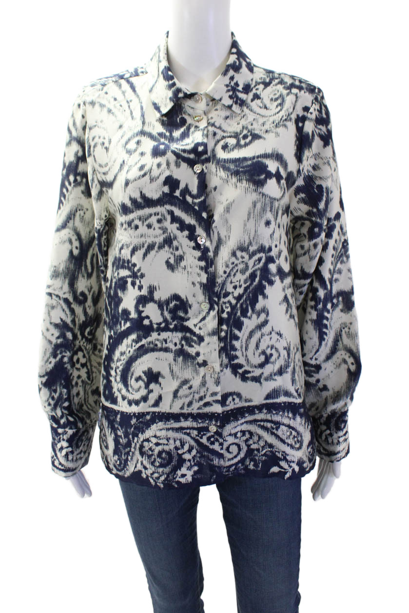 Zara Women Blue Paisley Collared Button-Up Blouse Long Sleeve Size LFree Shipping in US $100+ Orders | $6.95 Orders Below
