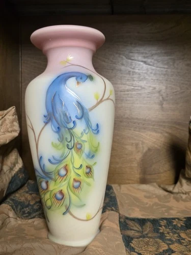 Fenton Glass Burmese 2004 Regal Peacock Hand Painted Vase  LE