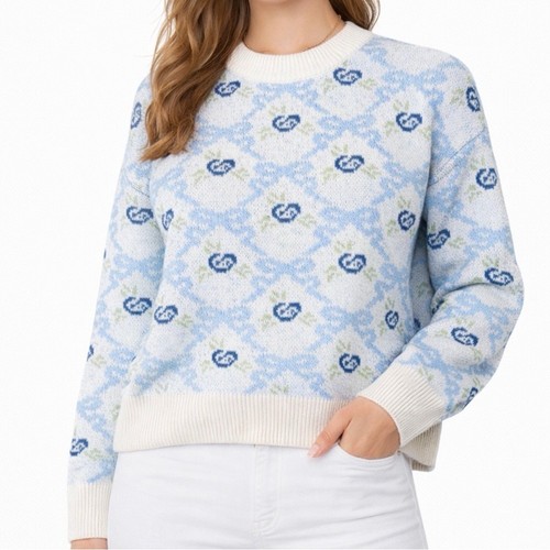 Sincerly Jules Light Blue Floral Bow Crewneck Sweater NWT Size Medium