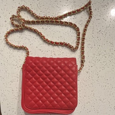 Red Quilted Women s Crossbody Bag Gold Chain Strap Solid Rectangle Gold Hardware