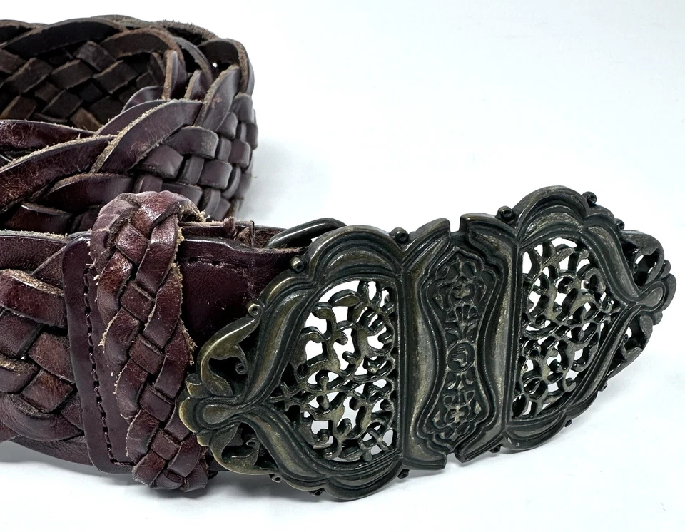 Cinturón de cuero marrón tejido trenzado marca hebilla talla 36 hebilla grande de latón filegre Foto 2 de 4