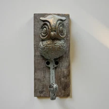 Antique Cast Iron Owl Coat Hook -Distressed Painted Finish Mounted on Beach Wood