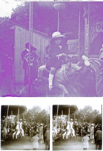 4 photos stereos c. 1920 MANEGES FORAINS chevaux de bois / stereoview