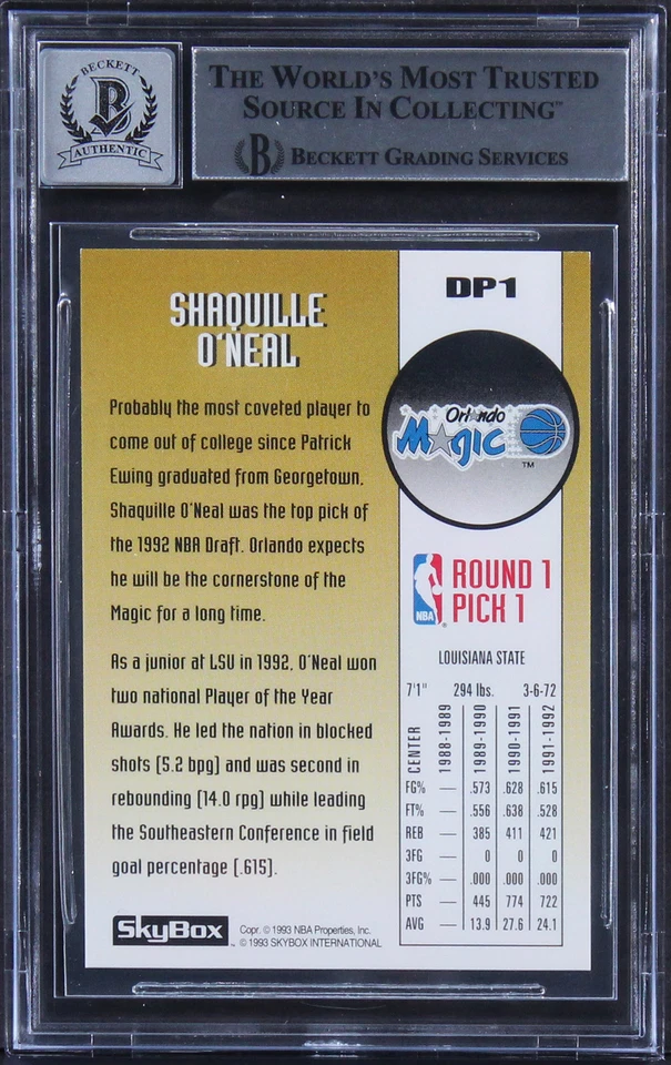 Shaquille O'Neal Signed 1992 Skybox Draft Picks #DP1 RC Card Auto 10! BAS Slab - Image 2 of 2