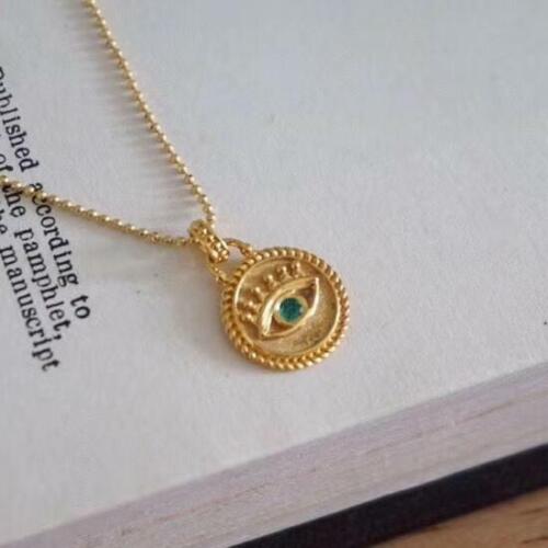 Vintage Evil Eye Emerald Women Classics Coin Pendant Solid 14K Yellow Gold Gift - Picture 2 of 5