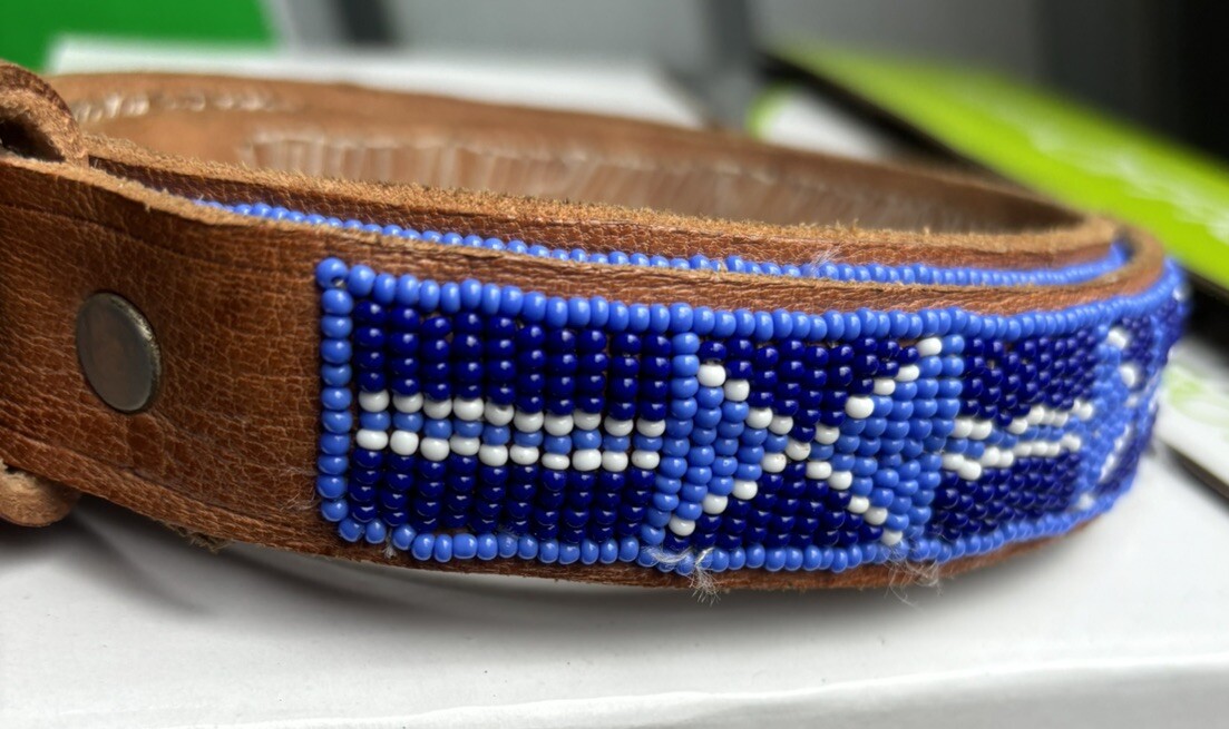 Handmade Intricate Beaded Leather Belt Blue White Southwestern