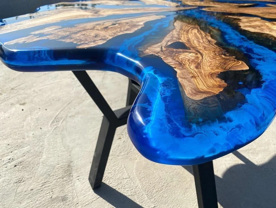 Custom Order Olive Wood Live Round Edge Blue White Ocean Sea Epoxy Table - Image 4 of 4