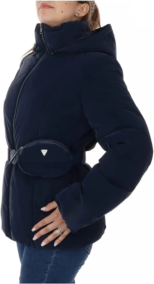 Guess Jeans Womens Glitzy Puffer Jacket With Belted bag Navy Blue - Image 2 of 2