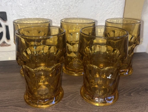 Set Of 5 Vtg Amber Georgian (Topaz) By Anchor Hocking 14 Oz Flat Tumblers MCM