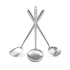 Yosukata 17" Wok Spatula and Ladle Skimmer Spoon - Stainless Steel Cooking Ut...