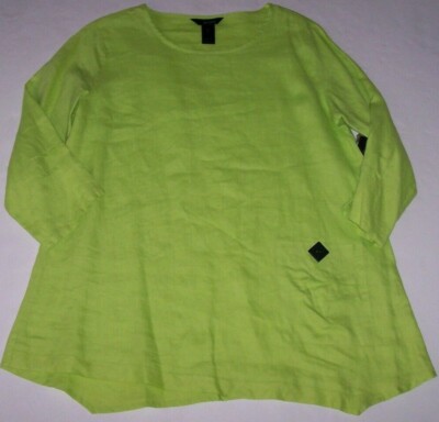NWT Ali Miles $69 LIME Green LINEN Tunic Top ASYMMETRIC HEM PETITE S PS Pocket