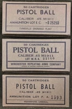 M1911 .45 ACP WWII NEW REPLICA 50 ROUND AMMO BOXES (SET A) - FA, EC & WRA LABELS