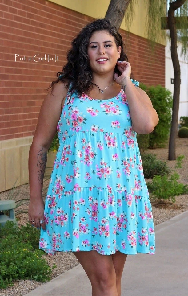 New PLUS SIZE Womens BLUE PINK FLORAL KNOT TIERED SLEEVELESS DRESS