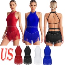 Womens Tassel Shiny Leotard Halter Neck Fringe Bodysuit Latin Salsa Jazz Costume