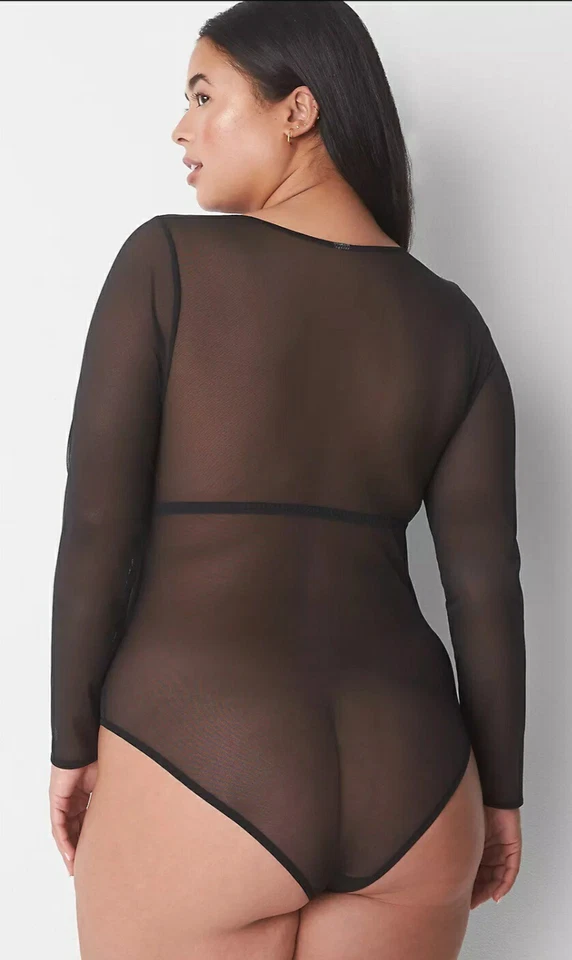 Body Lane Bryant Negro Malla Transparente y Encaje Plateado Talla Grande 30/32, 5X Foto 2 de 4