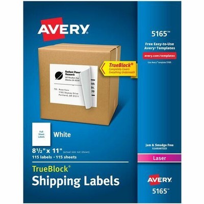 Avery White Rectangle Labels,TrueBlock , 8-1/2'' x 11'' ,  05165
