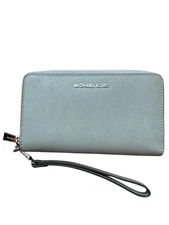 Michael Kors Gray Leather Zip Around Purse Wallet/Wristlet Logo Spell Out