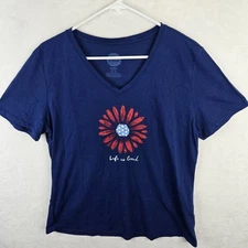 Life Is Good Womens Blue Classic Fit V Neck Short Sleeve T Shirt Size L Cotton