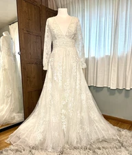 Oleg Cassini CWG893 Lace Long Sleeve A-Line Wedding Dress Keyhole Back Ivory 14