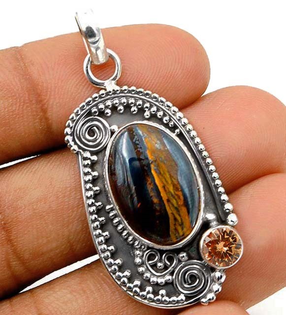 Natural Tiger Iron Jasper 925 Solid Sterling Silver Pendant @17-7