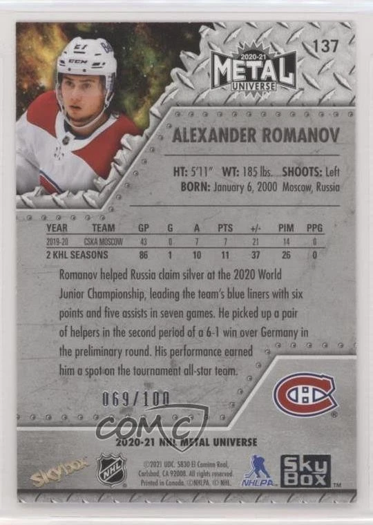 2020 Skybox Metal Universe Rookies PMG Red /90 Alexander Romanov #137 Rookie RC - Image 2 of 2