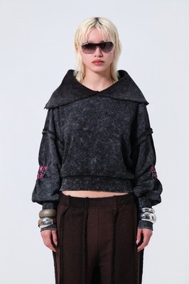 Punkyfish Acid Wash Hoodie Black Grey Y2K Cyber Grunge Rave Wide Collar Vintage