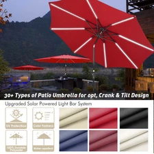 Solar LED Patio Umbrella Yard Parasol Beach Pool Sunshade Tilt Crank 9ft 10ft