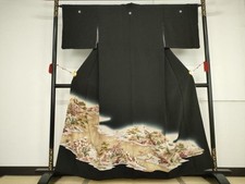 Heiwaya Kimono Luxury black tomesode piece embroidery landscape flower pattern