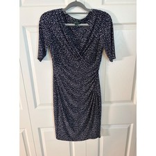 Lauren Ralph Lauren Navy White Ruched Surplice Sheath Dress Size 8 Elbow Sleeve