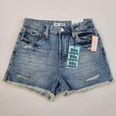 YMI High Rise 80s Retro Short Womens Juniors 7/28 Blue Distressed Denim NWT