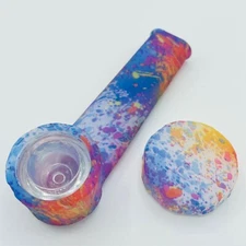 Silicone Smoking Pipe with Glass Bowl & Cap Lid | Glow-n-dark color splatter