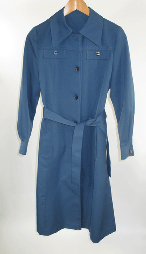 VTG 70's Forecaster of Boston Womens Sz 7/8 Polyester Steel Blue Trench Coat EUC - Picture 1 of 8