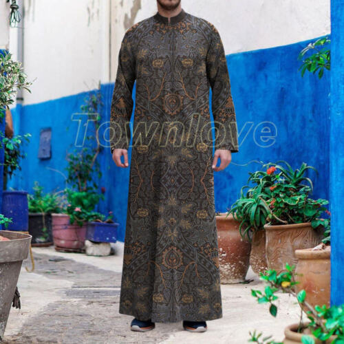 Herren Langarm Lang Kleid Robe Muslimische Kleidung Saudi Jubba Arab Kaftan Thobe - Bild 3 von 12