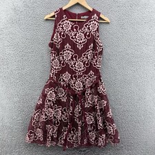 Danny And Nicole Dress Womens 10 Red Pleated Floral Embroidery Belt Sleeveless