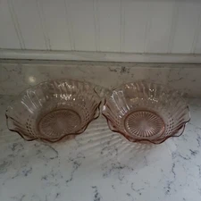 SET 2 Vintage Pink Depression Dish Bowl 6½” Scalloped Ruffle Polka Dot Dessert 