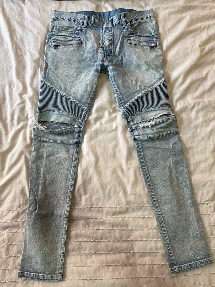 1495 Balmain Light Blue Destroyed And Ribbed Biker Jeans Size 33