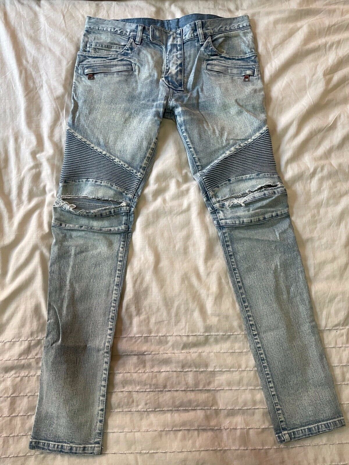 Balmain Light Blue Destroyed And Ribbed Biker Jeans Size 33 Spring 2015 | eBay