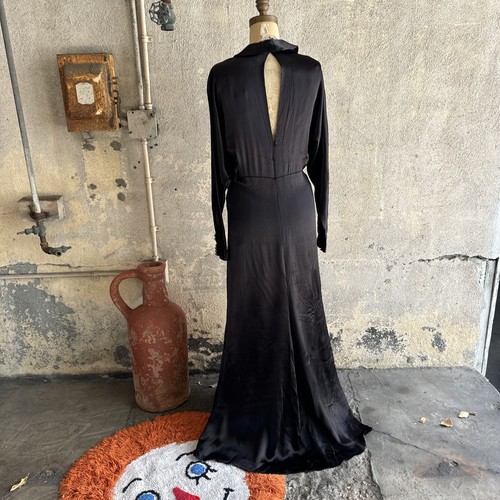 Vintage 1930s Black Silk Satin Gown Dress Art Deco Maxi Long Sleeve Keyhole - Picture 19 of 23