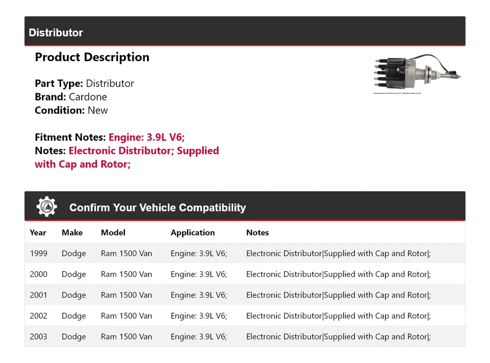 Para Dodge Ram 1500 1999-2003 furgoneta 3,9 L V6 distribuidor Cardone 2000 2001 2002 Foto 2 de 4