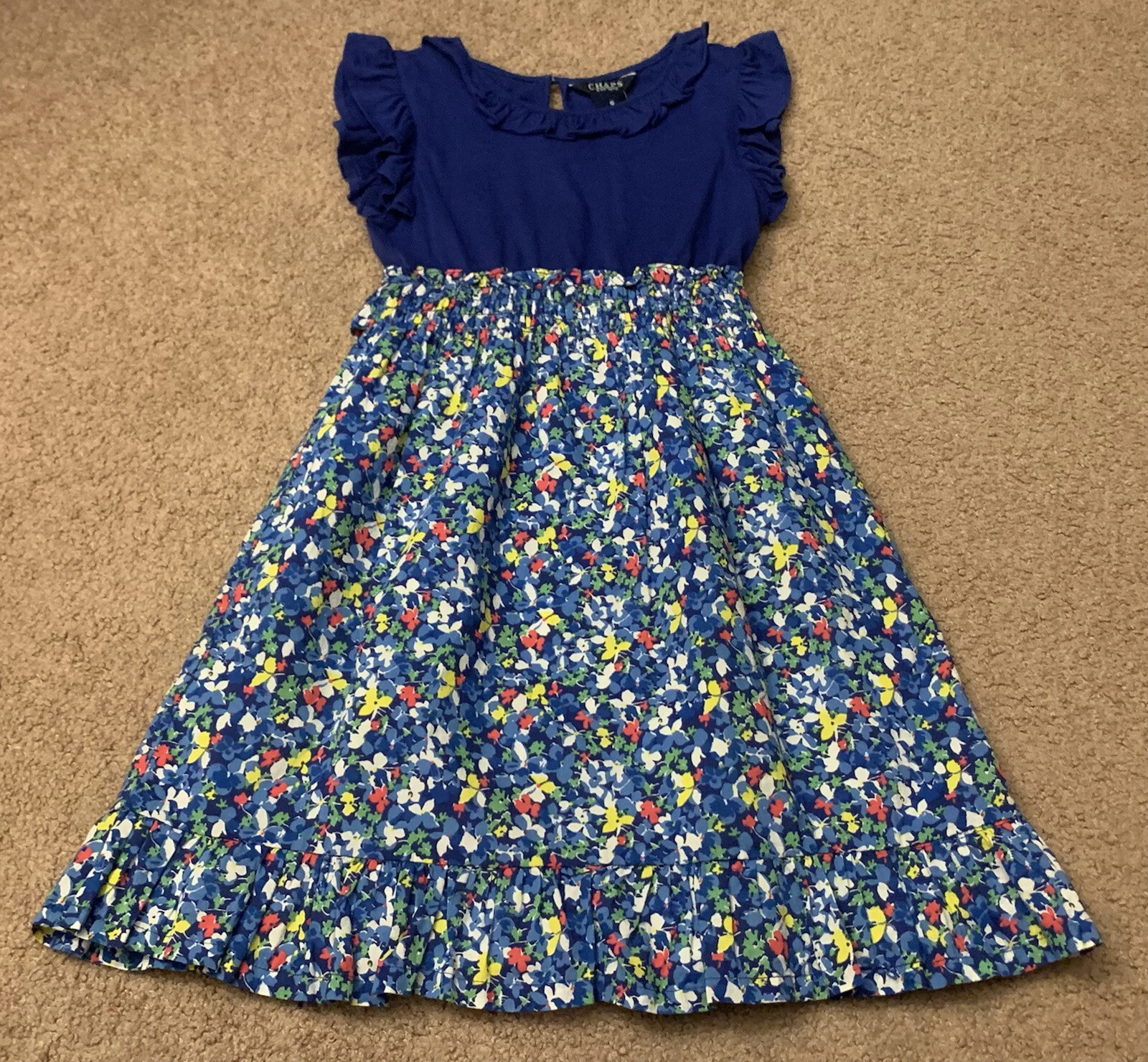 Chaps Girl Mixed Media Lined Summer Dress Elastic Waist Ruffled Neck Sleeves Hem
