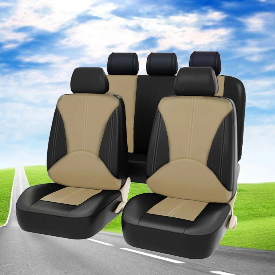 Juego de 9 Fundas de Asiento Cuero PU Protección 5 Asientos Accesorios Coche Negro Beige Foto 4 de 4