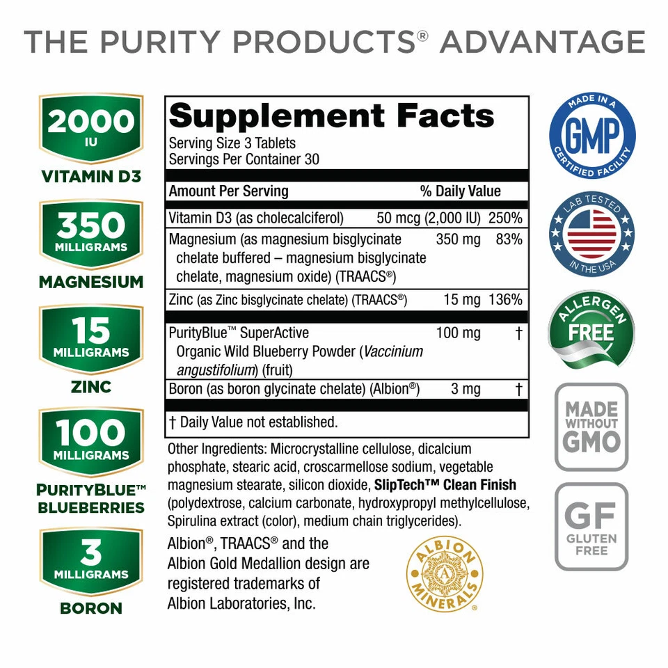 Purity Products MagBlue Bisglicinato de Magnesio/TRAACS/Vitamina D/Zinc 90 Tabs Foto 2 de 2